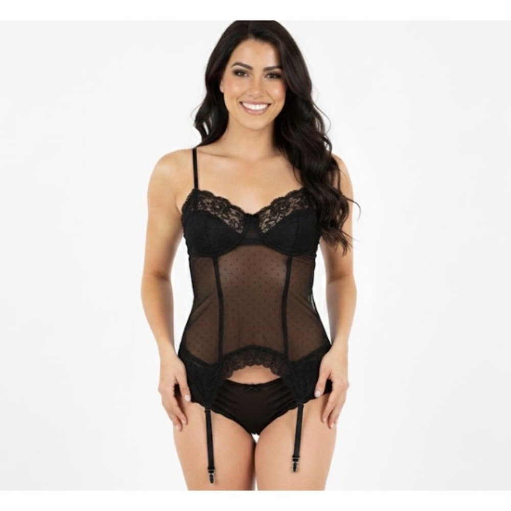 VTG Secret Treasures Black Lace Trim Polka Dot Mesh Teddy Lingerie Sm Garter Y2K